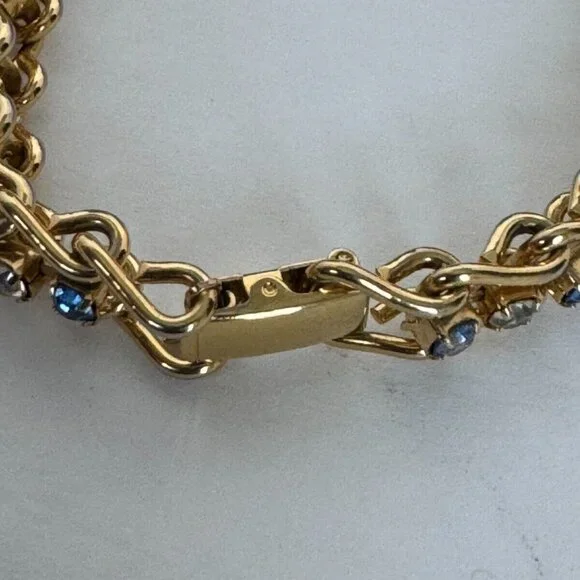 Blue White Rhinestones Tennis Bracelet Gold-Tone Fashion Jewelry - Picture 6 of 10